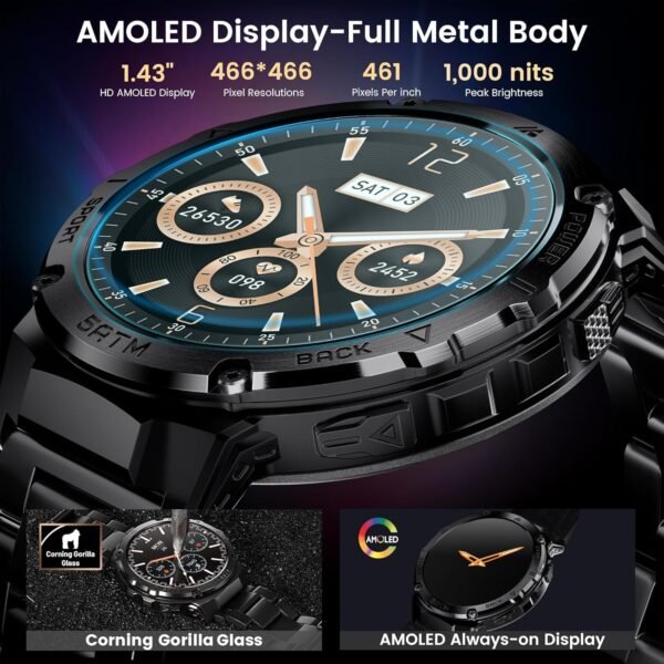 GPS Smart Watch for Men, 6 Satellite Positioning, Compass, Stainless Steel Body, 50M Waterproof, 480mAh Extra-Large Battery, Answer/Make Call, 1.43" AMOLED Screen, Compatible to Android iOS