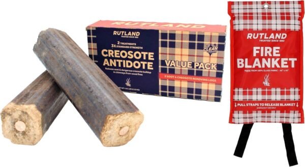 Rutland Creosote Antidote & Fire Blanket Bundle, Home Fire Safety Kit, 3X Power Chimney Cleaning Fire Log 2-Pack, 40" x 40" Fire Suppression Blanket for Grease and Kitchen Fires
