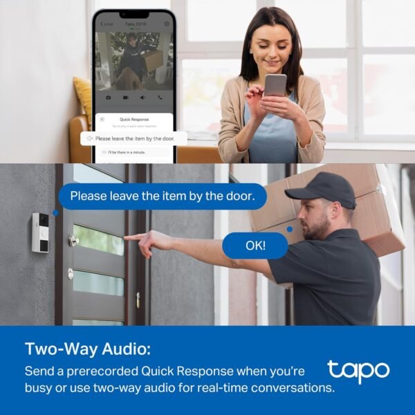 TP-Link Tapo Smart Video Doorbell Camera Wireless with Chime, 2K with Full Color Night Vison & Spotlights, No Monthly Fee, Ring Call, 160° Ultra-Wide View, Free AI Detection, Local Storage (D210)