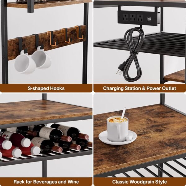 Portin Stand for Mini Fridge and Microwave Coffee Bar - Large Capacity, Sturdy, with Power Outlet and S-Hooks, for Compact Refrigerators - Home and Kitchen Shelf
