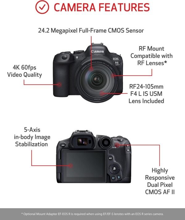 Canon EOS R6 Mark II Mirrorless Camera RF24-105mm F4 L USM Lens Kit, Hybrid Full-Frame Camera, 24.2 Megapixel CMOS Sensor. Photo and Video Camera Capabilities, RF Mount, Black