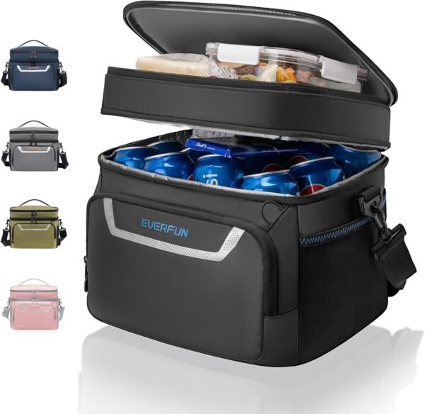 EVERFUN Small Cooler Lunch Box Mini Leak-Proof Soft Double Deck 24 Can Personal Insulated Collapsible Portable Waterproof Lunch Bag Ice Chest for Men Women Work Travel Car Picnic Beach, Black