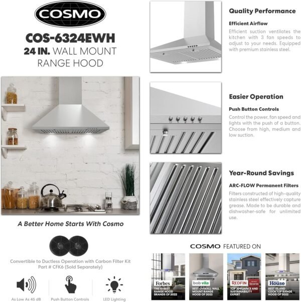 COSMO COS-6324EWH Wall Mount Range Hood, Chimney-Style Over Stove Vent, 3 Speed Fan, Permanent Filters & Moen Brass Posi-Temp Pressure Balancing Tub and Shower Valve
