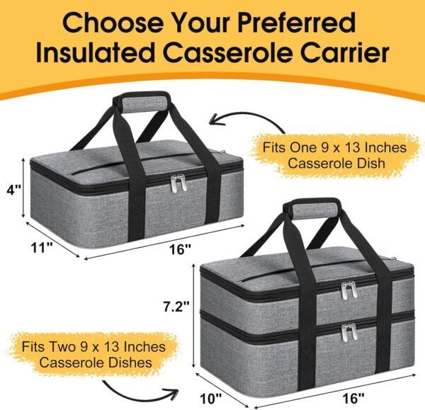 Insulated Casserole Carrier, Portable Casserole Carrier for Hot or Cold Food Lunch Tote Warmer or Cooler Bag, Lasagna Lunch Bag for Potluck Parties- Fits 9" x 13" Baking Dish-Grey