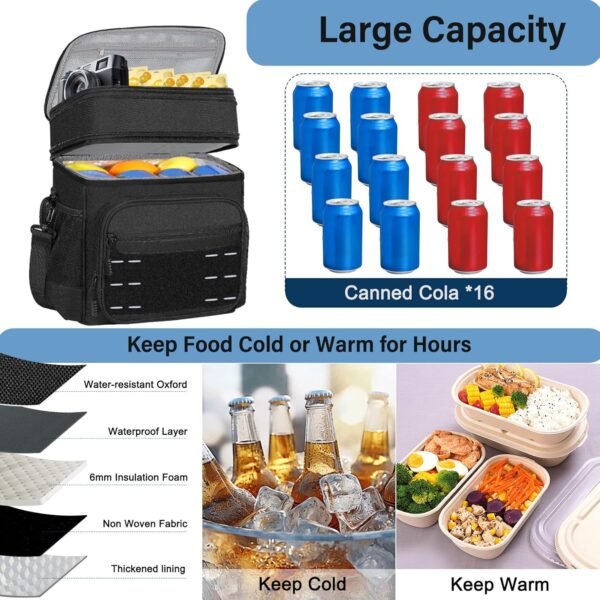 Lunch Box Cooler Bag - Tactical Insulated Lunchbox for Men - Large Lunch Pail Lunch Kit for Adults Work Outdoor Shifts Trips Black 16L