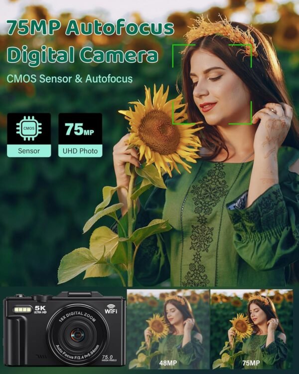 5K Digital Camera for Photography - WiFi 75MP Vlogging Camera for YouTube - UHD Autofocus Video Cameras 3" 180° Flip Screen with 18X Zoom - Compact Vlog Travel Camara with 32GB SD Card 2 Batteries