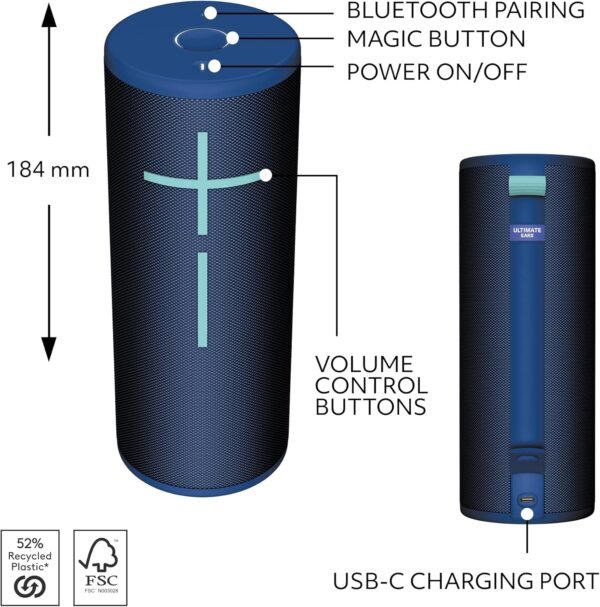 Ultimate Ears Boom 4 Portable Waterproof Bluetooth Speaker with 360-Degree, Bold, Immersive, Crystal-Clear Sound, Floating Speaker with 15-Hour Battery and 147ft (45m) Range - Blue