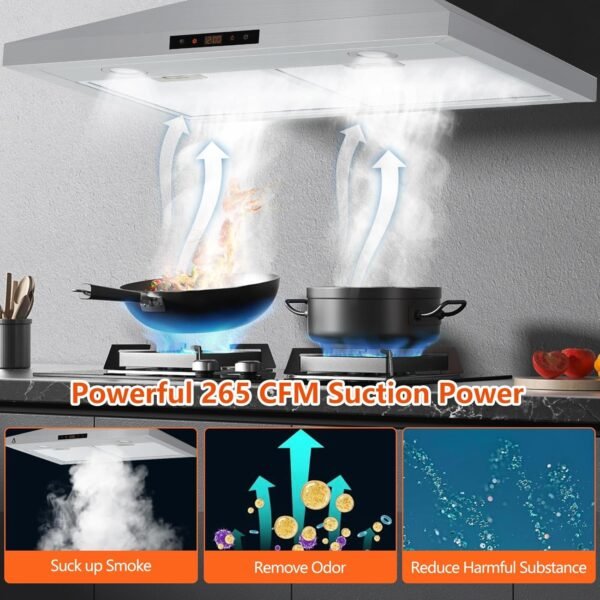 Range Hoods 30 Inch, Stainless Steel Stove Hood with Touch Control, Ductless/Ducted Convertible Wall Mount Kitchen Vent Hood with Chimney, 3 Speed Exhaust Fan, Adjustable Chimney & LED Ligh