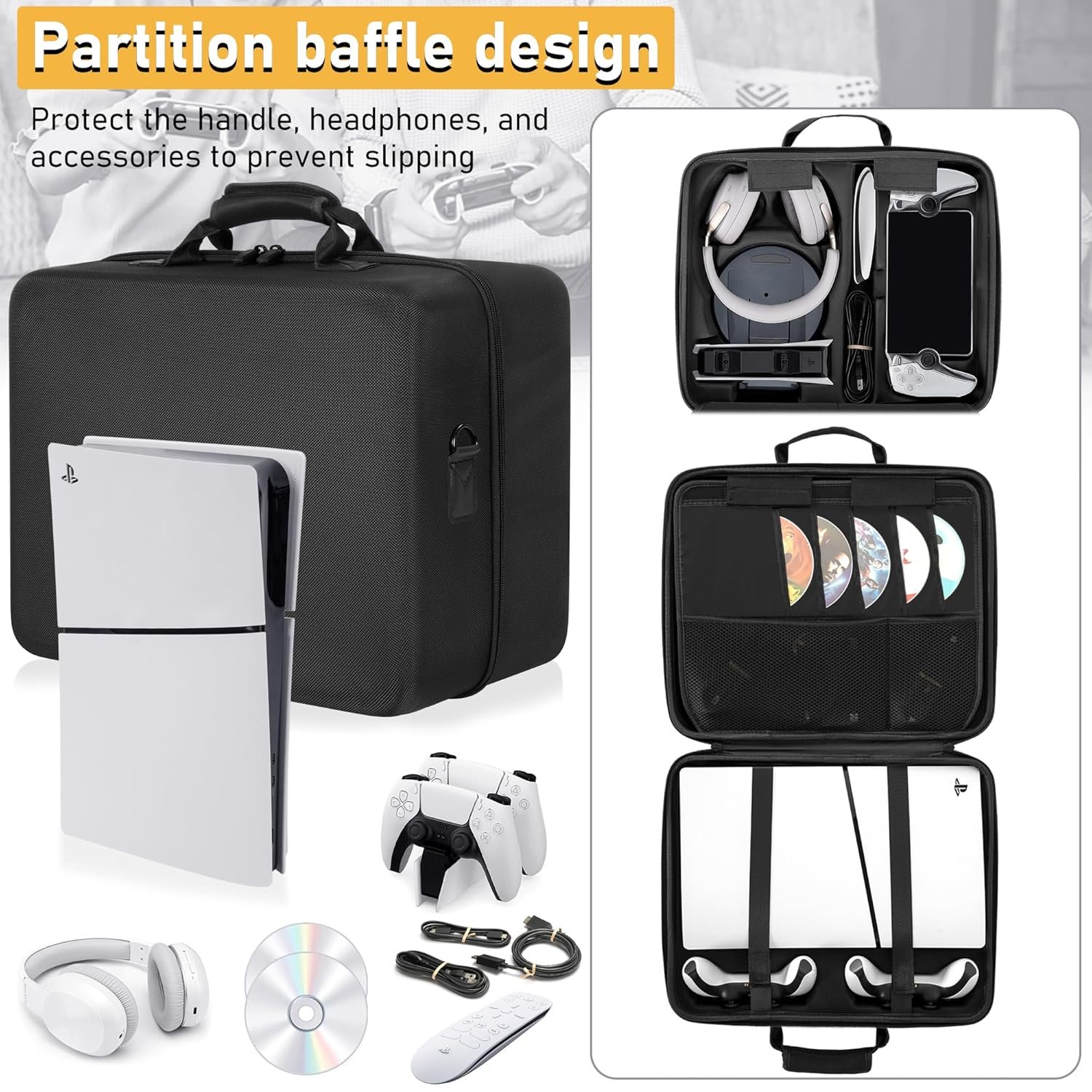 OUUTMEE Hard Shell Carrying Case Compatible with PS5 Slim, Travel Bag Holds PlayStation 5 Disk Digital Edition, Games, Headset and Gaming Accessories