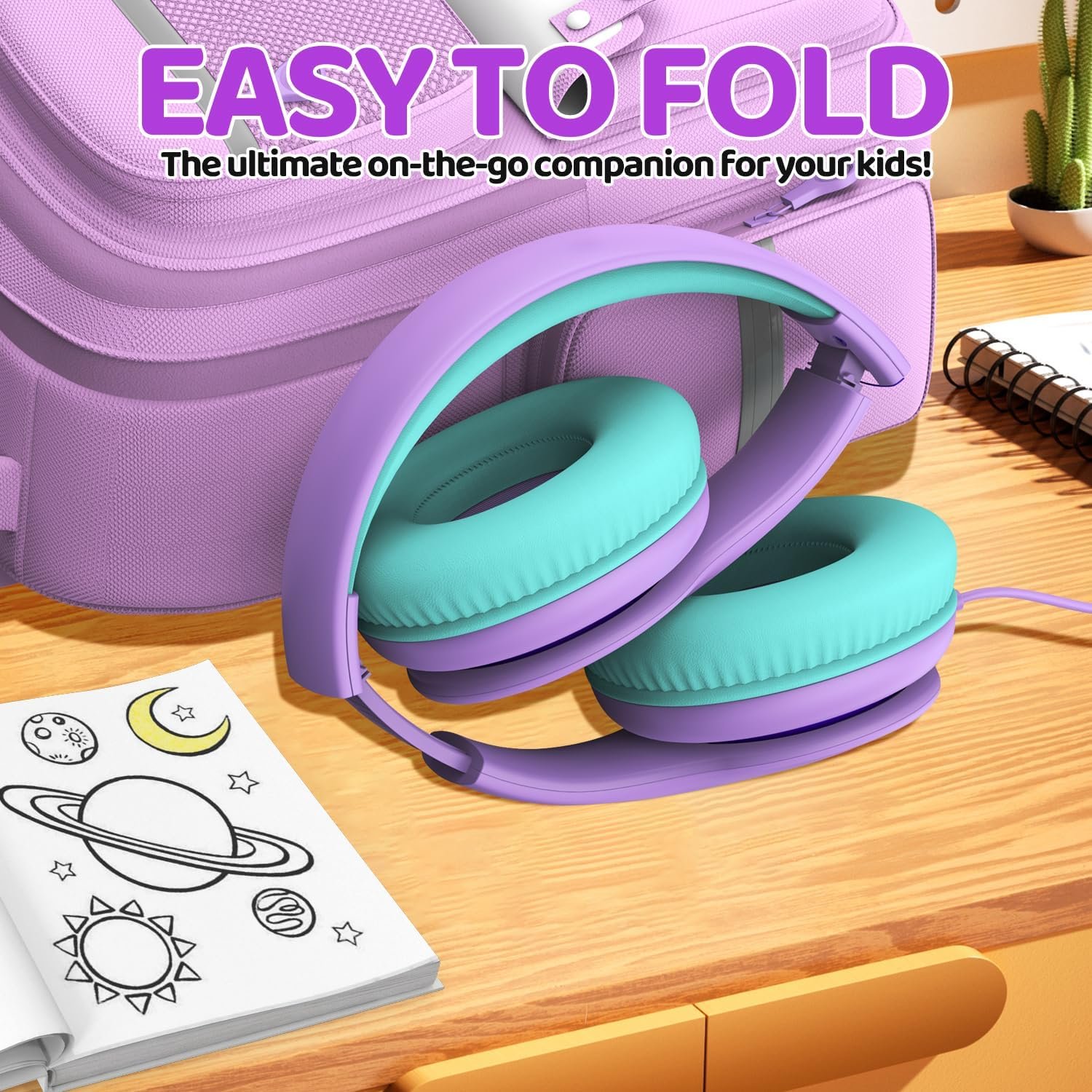 Wired Headphones for Kids, 85dB Volume Limit Toddler Headphones, 3.5mm Kids Headphones with Cord, Adjustable, Stereo Sound Foldable Kids Headphones for School-Purple