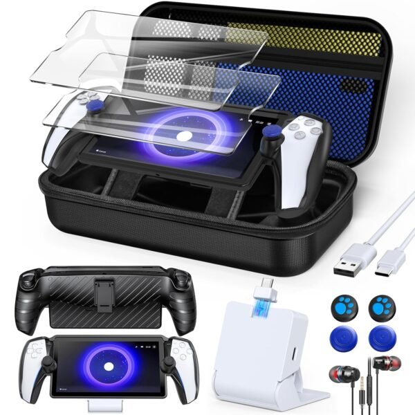 13 in 1 Accessories Set for Playstation Portal Remote Play, Carrying Case for PS Portal for PlayStation Consoles,TPU Cover with Kickstand,Portable Charging Dock,2 Screen Protector,4 Thumb Grip,Earbud Headphones for PS Portal (Black)