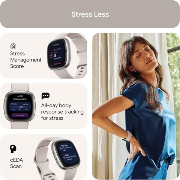 Fitbit Sense 2 Advanced Health and Fitness Smartwatch with Tools to Manage Stress and Sleep, ECG App, SpO2, 24/7 Heart Rate and GPS, Lunar White/Platinum, One Size (S & L Bands Included)
