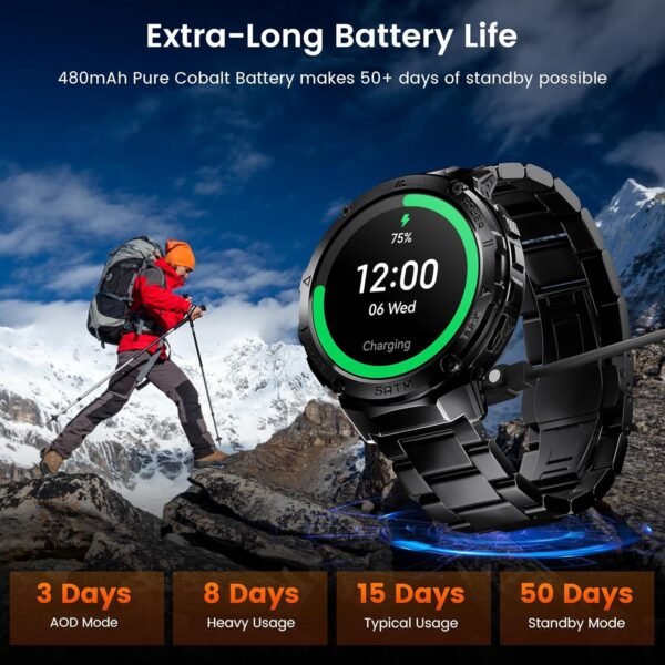 GPS Smart Watch for Men, 6 Satellite Positioning, Compass, Stainless Steel Body, 50M Waterproof, 480mAh Extra-Large Battery, Answer/Make Call, 1.43" AMOLED Screen, Compatible to Android iOS