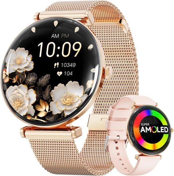 Hwagol Smart Watch[Call/2 Bands/Metal Slim]Android Samsung iPhone Compatible,1.43" Micro-Spherical AMOLED Smart Watches for Women,IP68 Waterproof Fitness Tracker Sleep/Heart Rate Monitor,Women's Gifts