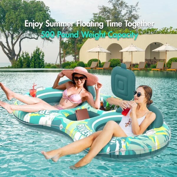 5-in-1 Pool Floats Adult Heavy Duty River Tube, 2 Person Water Lounge Pool Tube Float with Backrests, Built in Cooler, Cup Holders, Deluxe Pool Tube for Summer Relaxation