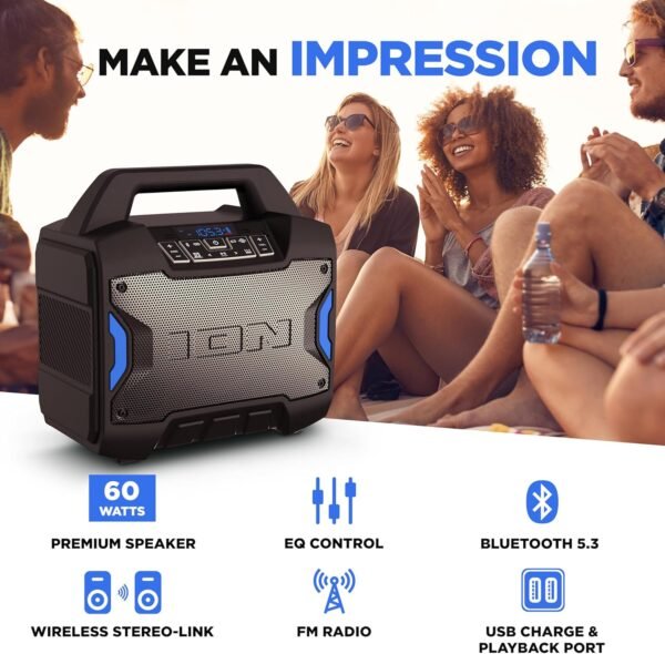 ION Tailgater Boom - Outdoor Portable Bluetooth Speaker with Mic in, FM Radio, USB Port, Battery, IPX5 Water-Resistant, Wireless Stereo-Link, App, 60W
