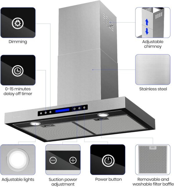 30 inch Wall Mount Range Hood, Stainless Steel Kitchen Chimney Vent with 780 CFM & Four-Speed Touch Panel, 2pcs Adjustable LED (PA01-30)