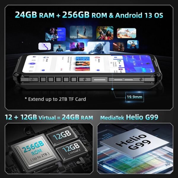 B2 Ultra Rugged Smartphone, 24GB(12+12) RAM+256GB ROM, 6.78" FHD+ 120Hz Display, 200MP+64MP Night Vision Android 13 Cellphone, 15000mAh Battery (65W), IP68 IP69K Phone Unlocked/NFC/WiFi/OTG