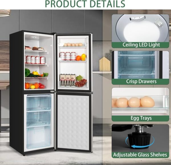 5.6 Cu.Ft Refrigerator, Double Door Fridge with Freezer, RV Refrigerator with 7 Adjustable Thermostat, 3 Shelves and 3 Drawers, Apartment Nevera for Garage, Kitchen, Silver