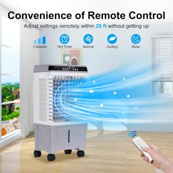 Swamp Cooler Air Conditioner, Evaporative Air Cooler with 5.3 Gallon Water Tank, 4 Ice Box, Remote, 12H Timer, 120°Oscillation, Portable Cooling Fan with 3 Speeds for Bedroom Home Office