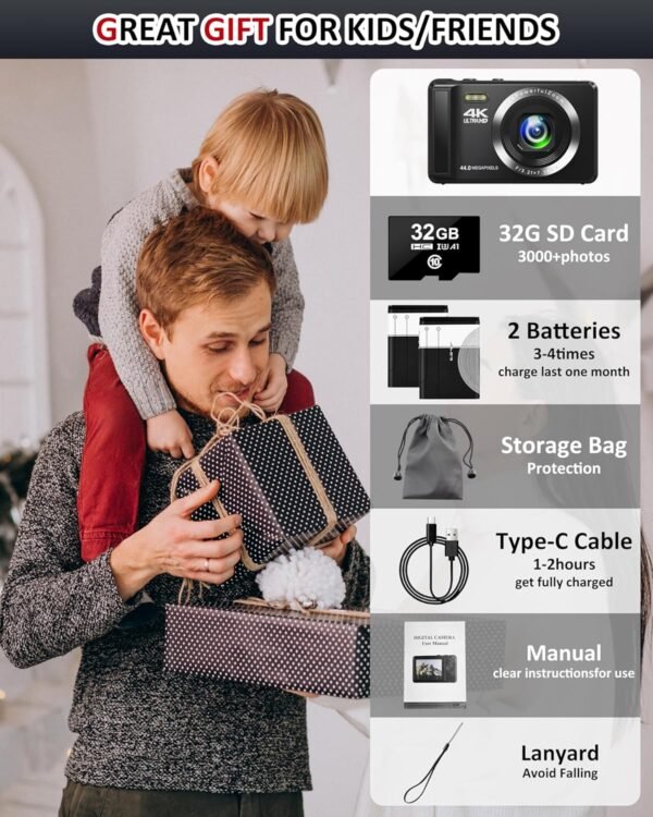 Digital Camera - 4K 44MP UHD Digital Cameras for Photography - Autofocus Point and Shoot Vlogging Camera with 16X Zoom, 32GB SD Card, 2 Batteries - Compact Small Cameras for Kids Teens Boys Girls