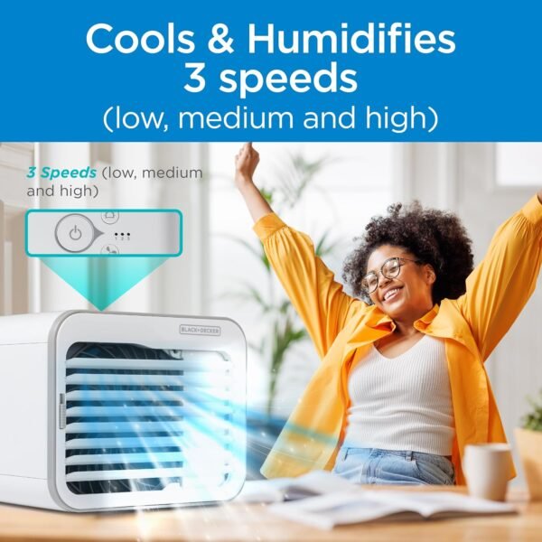 BLACK+DECKER Desktop Air Cooler, Personal Portable Fan with 3-Speeds, Evaporative Air Cooler with 0.5L Water Tank, Air Cooler Fan for Desk, Home, Office, Bedroom, and more, BDMC10, White/Gray