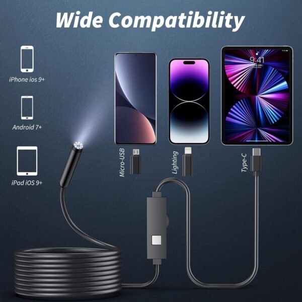 Endoscope Camera with Light,1920P HD Borescope Tools with 8 Adjustable LED Lights, Endoscope with Semi-Rigid Snake Camera, IP67 Waterproof Inspection Borescope for iOS and Android-16.4ft Single Lens