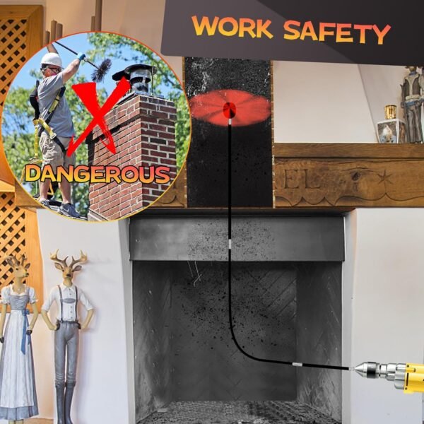 Chimney Sweep Kit - 30 Feet with 9 Flexible Black Chimney Rods, Brush & Rotary Drill-Driven System