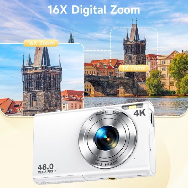 Digital Camera, Autofocus 48MP UHD 4K Vlogging Camera 16X Digital Zoom, Portable Compact Point and Shoot Digital Camera for Teens Adult Beginner with 32GB Card, 2 Batteries, Lanyard(White)