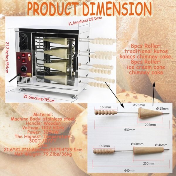 110V 3.2KW Electric Ice Cream Cone Oven Machine Commercial Chimney Cake Roll Oven Maker Chimney Bread Cake Oven with 16pcs Roll Tools for Restaurant Home Kitchen Snack Bar