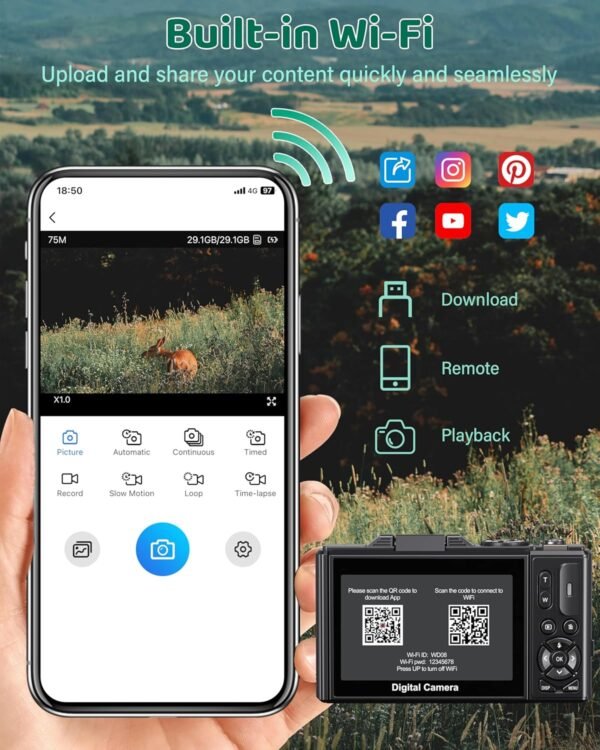 5K Digital Camera for Photography - WiFi 75MP Vlogging Camera for YouTube - UHD Autofocus Video Cameras 3" 180° Flip Screen with 18X Zoom - Compact Vlog Travel Camara with 32GB SD Card 2 Batteries