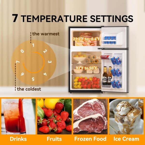 Frestec Mini Fridge with Freezer 3.5 Cu.Ft. 2 Door Refrigerator and Freezer Small Fridge for Bedroom Home Office Dorm, Small Drink Chiller, 37 dB Low Noise, Stainless Steel
