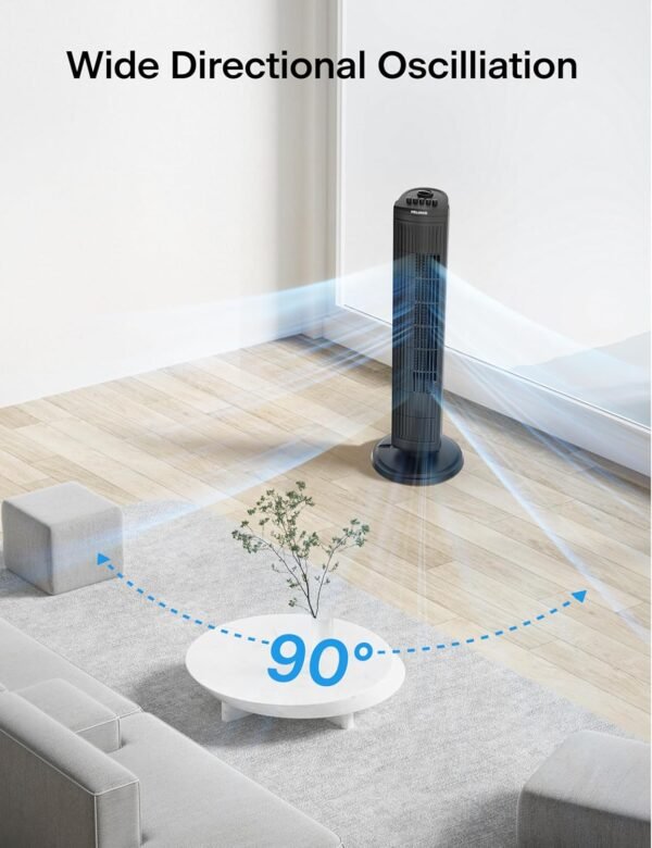 PELONIS 30" Tower Fan for Bedroom, Standing Fan with 3 Speeds, 90° Oscillation, Small Fan with 120-Min Auto Timer, High-quality Motor, 1-Year Warranty, Black