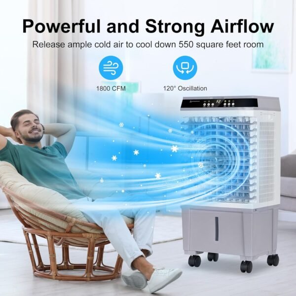 Swamp Cooler Air Conditioner, Evaporative Air Cooler with 5.3 Gallon Water Tank, 4 Ice Box, Remote, 12H Timer, 120°Oscillation, Portable Cooling Fan with 3 Speeds for Bedroom Home Office