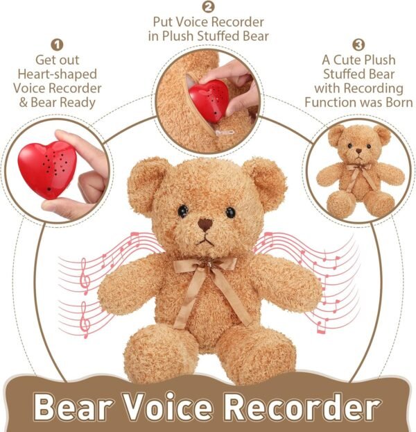 2 Pcs Bear Stuffed Animals with Voice Recorder Set, 60 Seconds Voice Sound Recorder Module 16 Inch Soft Plush Bear Cute Stuffed Bear with Zipper Sound Box Recordable Heart for Boys Girls (Light Brown)