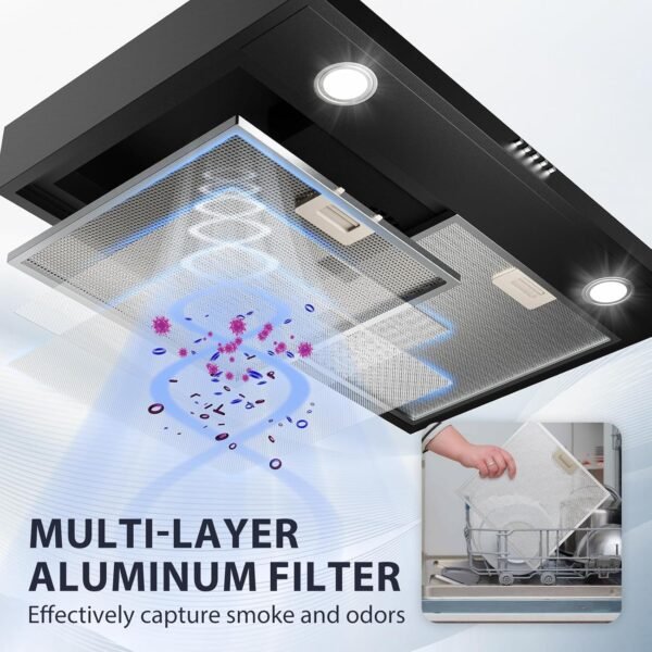 Range Hood 30 inch Under Cabinet, Ductless Slim Kitchen Range Hood Vent with Filter, LED Lights, 3 Speed Exhaust Fan, Campanas para Cocina (JX3830-Black with Charcoal Filter)