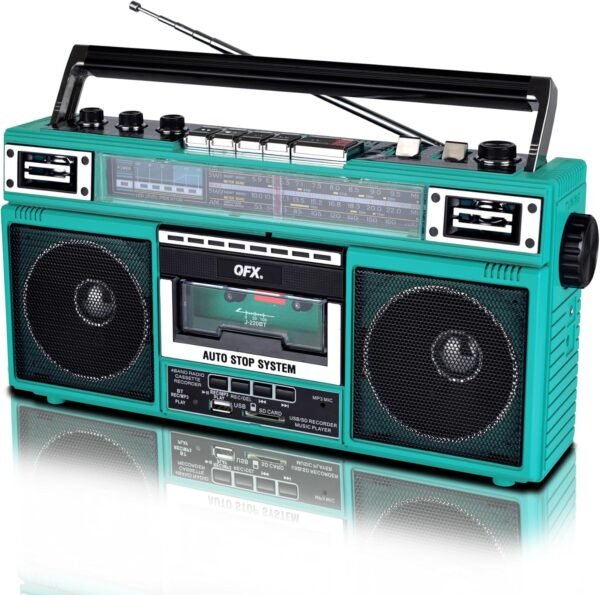 QFX J-220BTTQ Aqua Turquoise Boombox MP3 Conversion from Radio to Cassette with 4-Band (AM, FM, SW1, SW2) Radio with Bluetooth, Dual 3” Speakers, Built-in Microphone, Recorder, and a 3-Band Equalizer