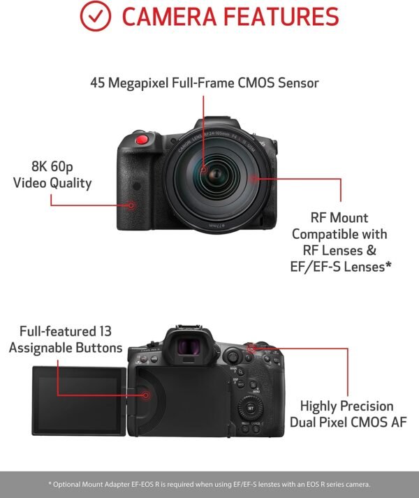 Canon EOS R5 C RF24-105mm F4 L is USM Lens Kit 8K/60P FF Sensor Pro Cinema/Photo Camera, RF Mount, Internal RAW, 8K HDMI RAW Out, 4K/2K Oversampling, Compact, Lightweight Design, Dual Pixel CMOS AF