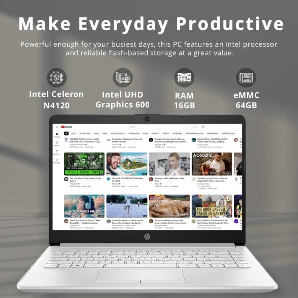 HP Premium Stream 14" HD BrightView Laptop, Intel Celeron N4120, 16GB RAM, 64GB eMMC, Intel UHD Graphics, HD Webcam, 1 Year Office 365, Bluetooth, WiFi, HDMI, Win 11s, Silver, 32GB Hotface USB Card
