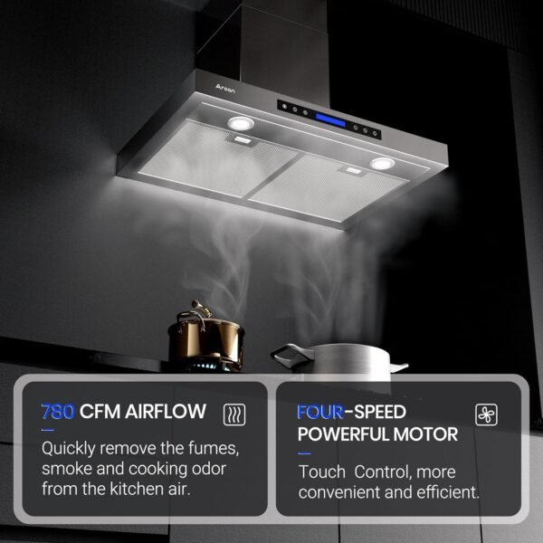 30 inch Wall Mount Range Hood, Stainless Steel Kitchen Chimney Vent with 780 CFM & Four-Speed Touch Panel, 2pcs Adjustable LED (PA01-30)