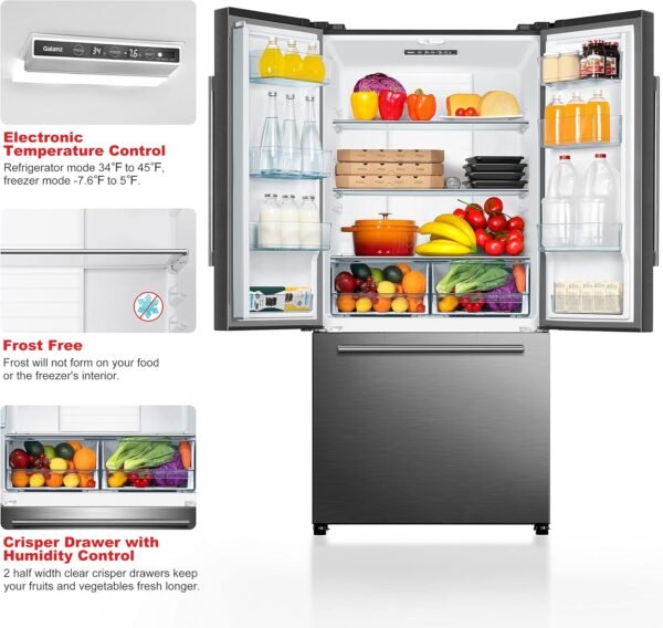 Galanz GLR18FS5S16 French Door Refrigerator with Installed Ice Maker and Bottom Freezer Adjustable Electrical Thermostat Control, Frost Free, Energy Star Certified, Stainless Steel, 18 Cu Ft
