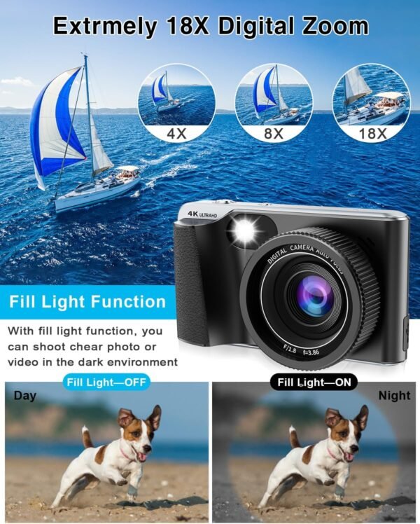 Autofocus Digital Camera for Photography 4K 48MP Macro Kids Digital Camera for YouTube with SD Card 18X Digital Zoom,Flash, Anti-Shake,2 Batteries