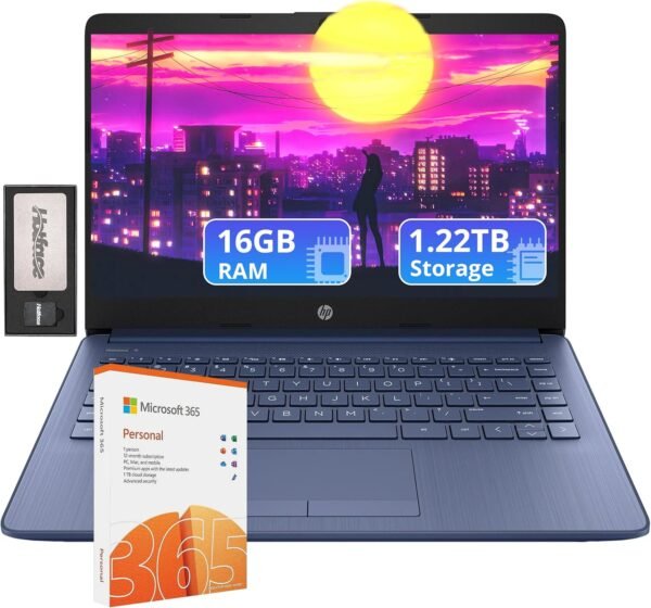 HP Flagship 14" HD Laptop with 1 Year Office 365 | 16GB RAM | 1.22TB Storage(64GB EMMC & 160GB Docking Station Set & 1TB Cloud Storage) | Intel 4-Core Processor | Webcam | Win 11s | Blue