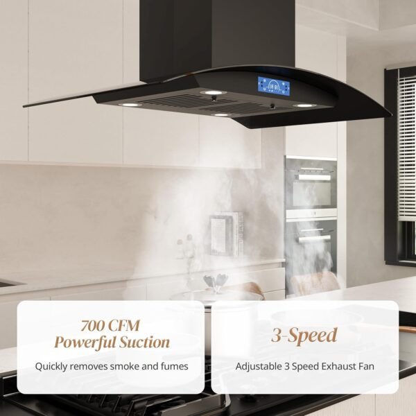 FIREGAS Black Island Range Hood 36 Inch, 700 CFM Ductless/Ducted Ceiling Mount Range Hood with 3 Speed Fan, Gesture, Remote & Touch Control, LED Light Vent Hood for Kitchen