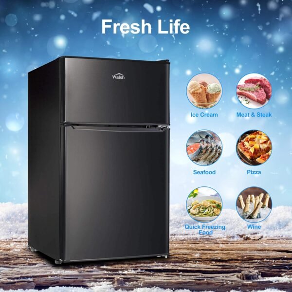 Walsh Compact Refrigerator, Dual Door Fridge, Adjustable Mechanical Thermostat with Freezer, Reversible Doors, 3.1 Cu.Ft, Black