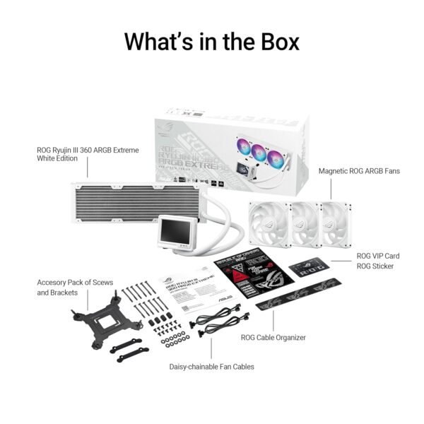 ASUS ROG RYUYJIN III 360 ARGB Extreme White Edition All-in-one AIO CPU Liquid Cooler, AMD Ryzen9000 & Intel Core Ultra Ready, Asetek Gen8 V2 Pump, high Airflow & Static Pressure Magnetic Fans