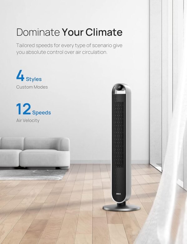 Dreo Tower Fan for Bedroom, 42 Inch 120° Oscillating Fan, 25dB Quiet DC Motor, 27ft/s Velocity Bladeless Standing Fan with 12 Speeds, 4 Modes, 12H Timer Cooling Fans for Home, Living Room, Pilot Max S