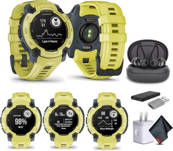 Garmin Instinct E 45mm, Outdoor GPS Smartwatch, 24/7 Health Monitoring, Up to 16 Days of Battery Life, Electric Lime (010-02933-01) with Earbuds Bundle