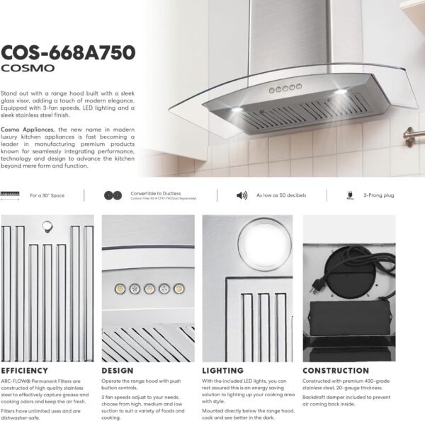 COSMO COS-668A750 30 in. Vista Collection 380 CFM Ducted Wall Mount Range Hood, Button Controls, LED Lights, Stainless Steel