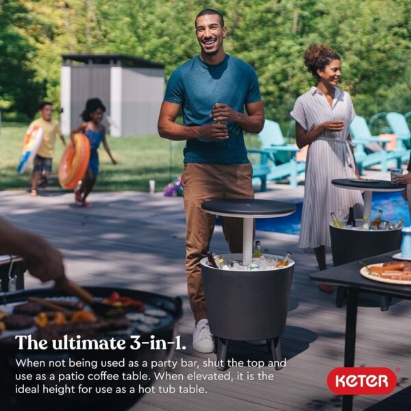 Keter Modern Cool Bar Outdoor Patio Furniture and Hot Tub Side Table with 7.5 Gallon Beer and Wine Cooler, Dark Grey